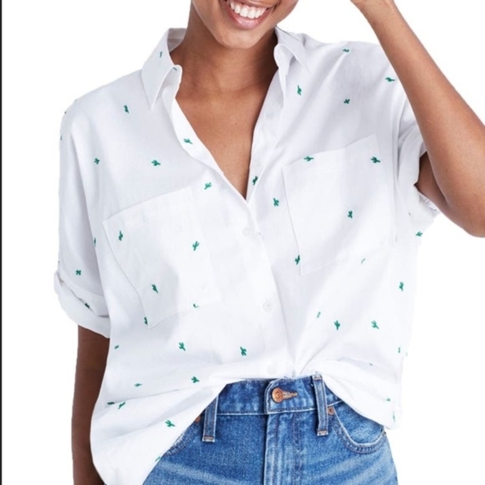 White Button-Up Shirt with Green Accents